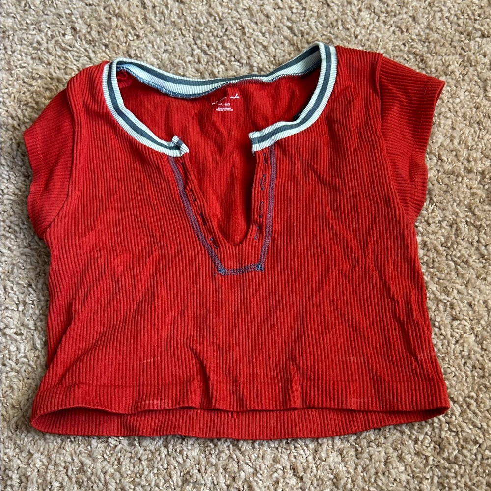 Urban Outfitters Red Ribbed Top with Blue Accents